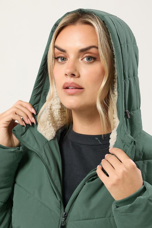 YOURS Plus Size Green Borg Hooded Padded Maxi Coat | Yours Clothing 4
