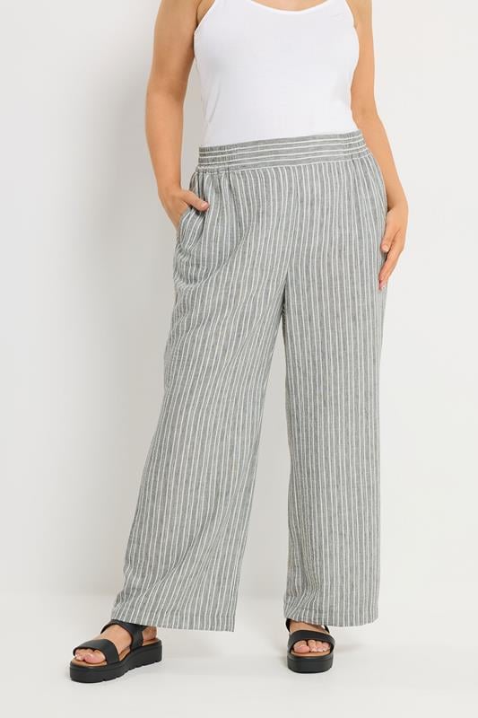  YOURS Curve Grey Stripe Linen Look Wide Leg Trousers