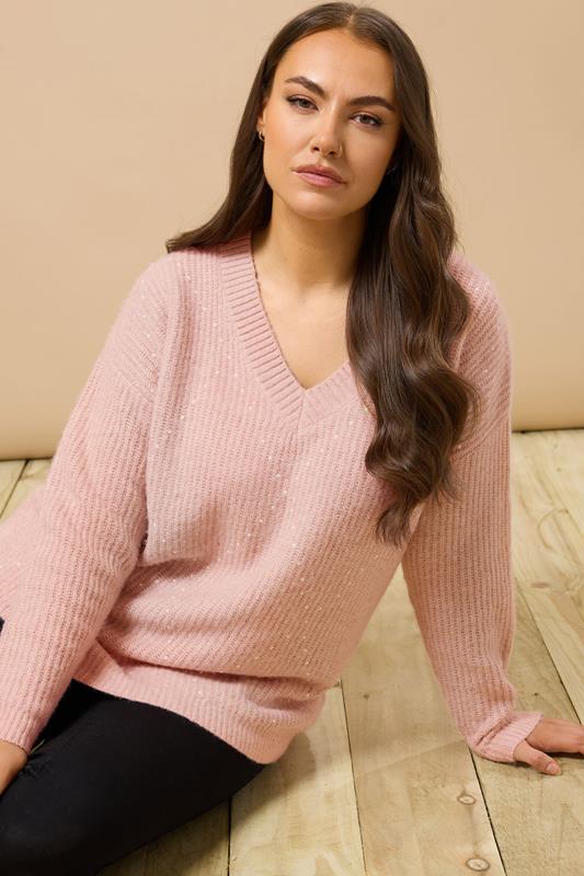 Plus Size  EVANS Curve Blush Pink Pearl Embellished Knitted Jumper
