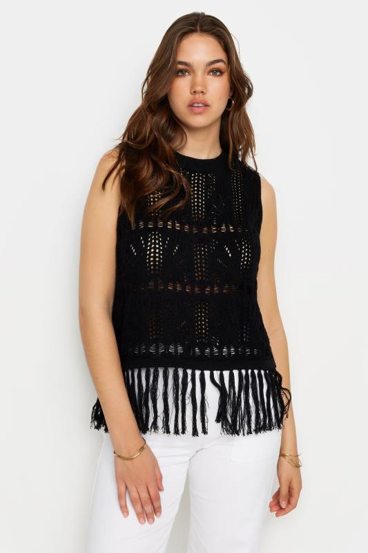 LTS Tall Women's Black Crochet Tassel Vest Top | Long Tall Sally 1