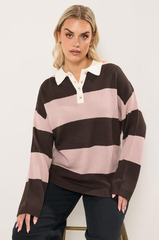  YOURS Curve Pink Striped Rugby Collar Jumper