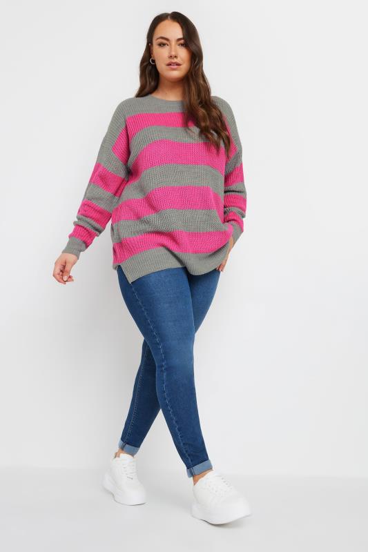 YOURS Plus Size Grey & Pink Stripe Knitted Jumper | Yours Clothing 3