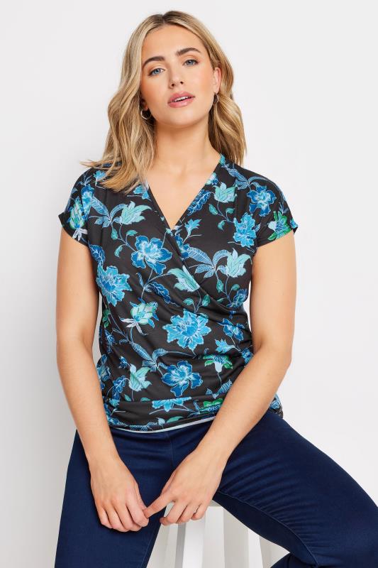 M&Co Black & Blue Floral Print Wrap Top | M&Co 1