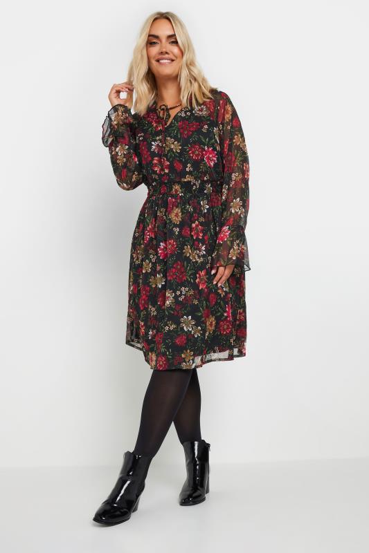 YOURS Plus Size Black & Red Floral Print Chiffon Tie Neck Dress | Yours Clothing 4