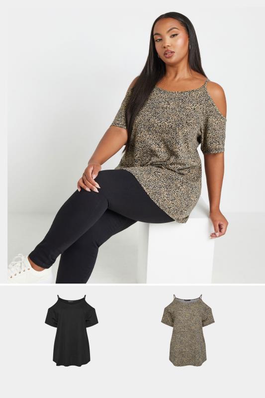 YOURS Plus Size 2 PACK Brown & Black Leopard Print Cold Shoulder Tops | Yours Clothing 1