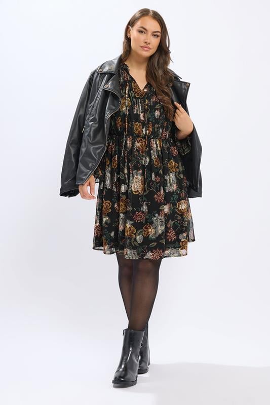 YOURS Plus Size Black Floral Metallic Tie Neck Mini Dress | Yours Clothing 6