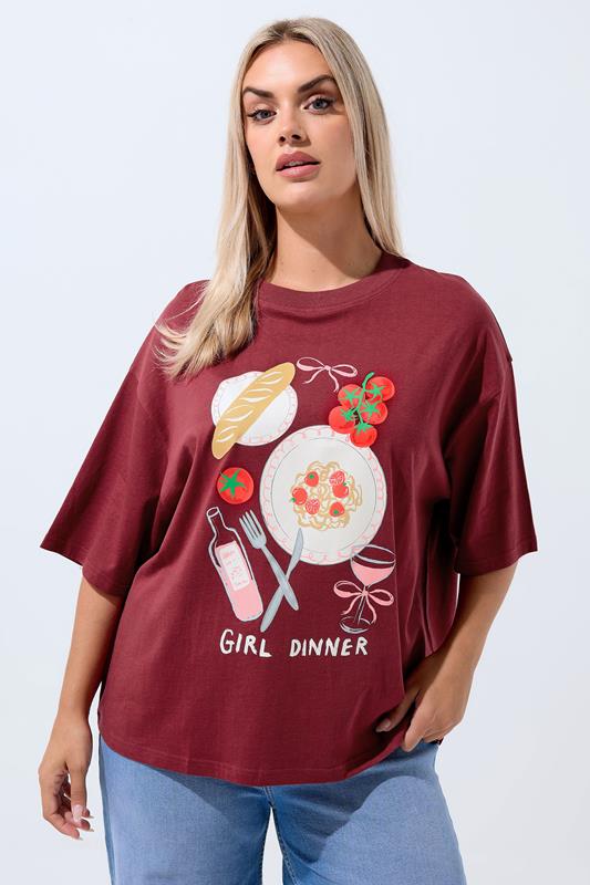  LIMITED COLLECTION Curve Burgundy Red 'Girl Dinner' Slogan T-Shirt