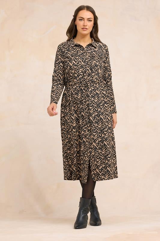 EVANS Plus Size Natural Brown Abstract Print Crepe Midi Shirt Dress | Evans 1