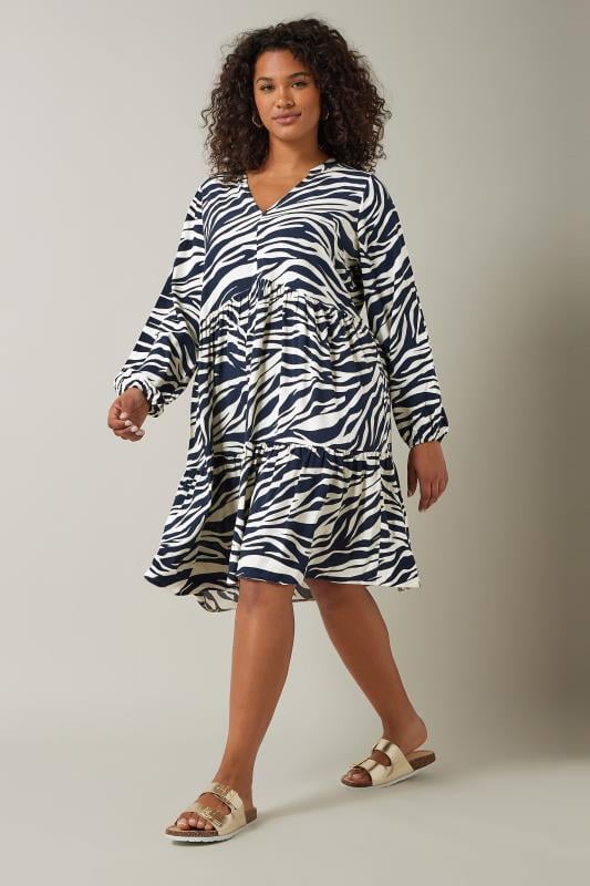 Plus Size  EVANS Curve Navy Blue Tiered Zebra Print Dress