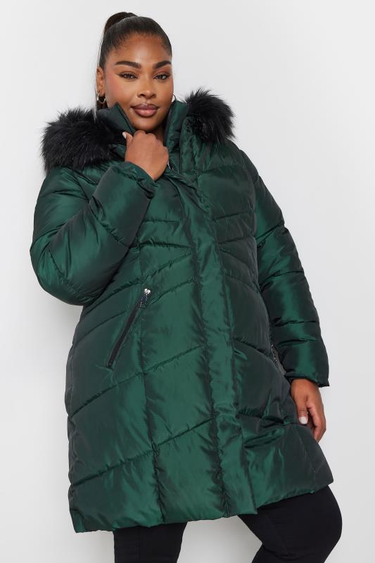 YOURS Plus Size Forest Green Faux Fur Trim Puffer Coat | Yours Clothing 4