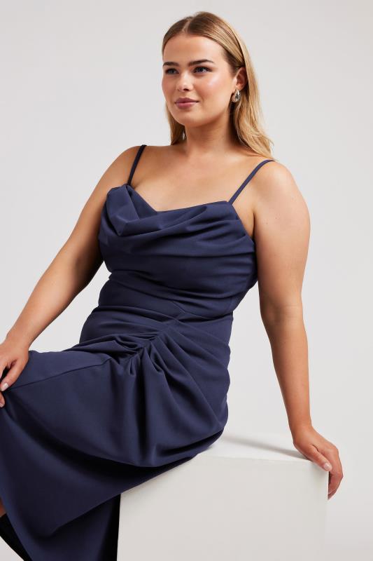 YOURS LONDON Plus Size Navy Blue Cowl Neck Gathered Dress | Yours Clothing  4