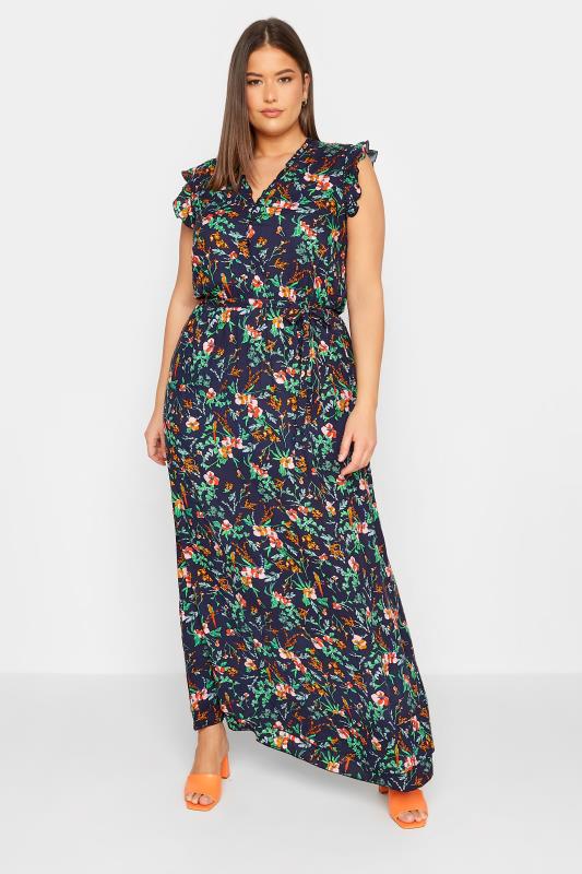 LTS Tall Women's Navy Blue Floral Print Frill Sleeve Maxi Dress | Long Tall Sally 1