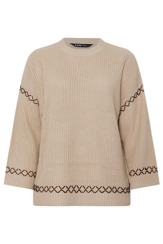 YOURS Plus Size Natural Brown Blanket Stitch Jumper | Yours Clothing 6