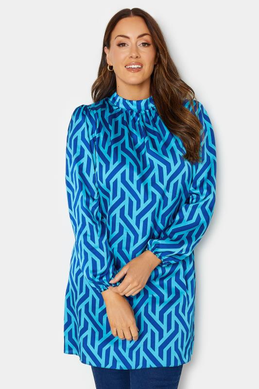 M&Co Blue Geometric Print Satin Tunic Blouse | M&Co  1