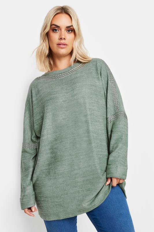 YOURS Curve Sage Green Marl Stud Neckline Embellished Jumper | Yours Clothing  1