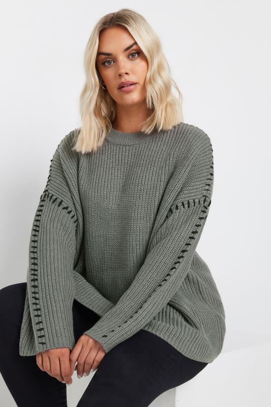 YOURS Plus Size Grey Contrast Blanket Stitch Jumper | Yours Clothing 1