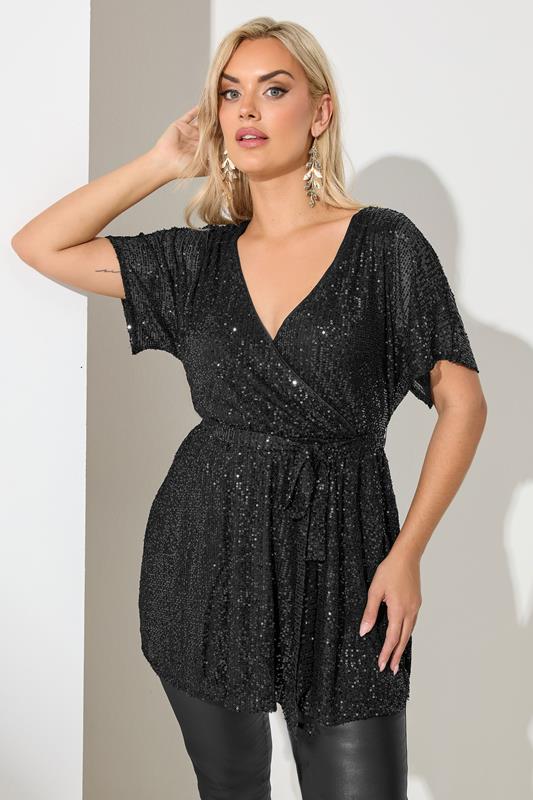 Plus Size  YOURS LONDON Curve Black Sequin Wrap Top