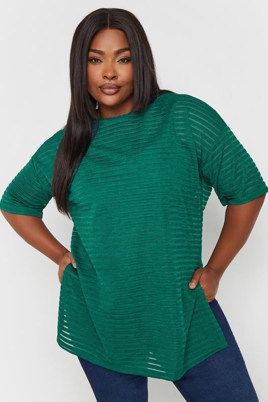 YOURS Plus Size Green Mesh Short Sleeve Stripe Top | Yours Clothing  1