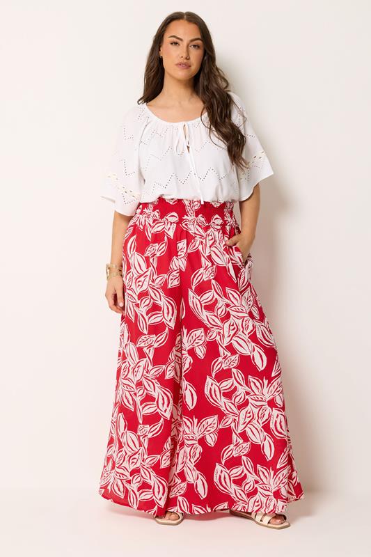  YOURS Curve Red Palm Leaf Wide Leg Trousers
