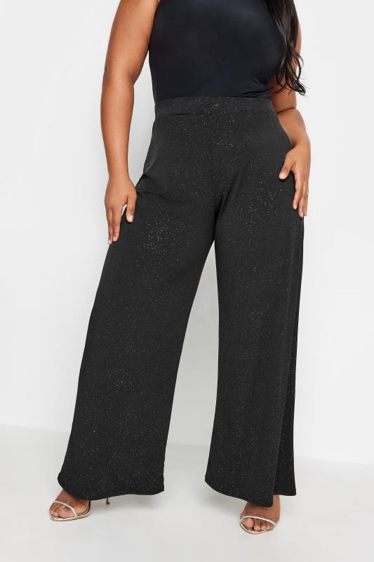 YOURS Plus Size Black Glitter Wide Leg Trousers | Yours Clothing 1