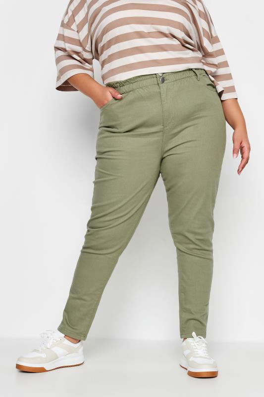 Plus Size  YOURS Curve Khaki Green Stretch Elasticated Waist MOM Jeans