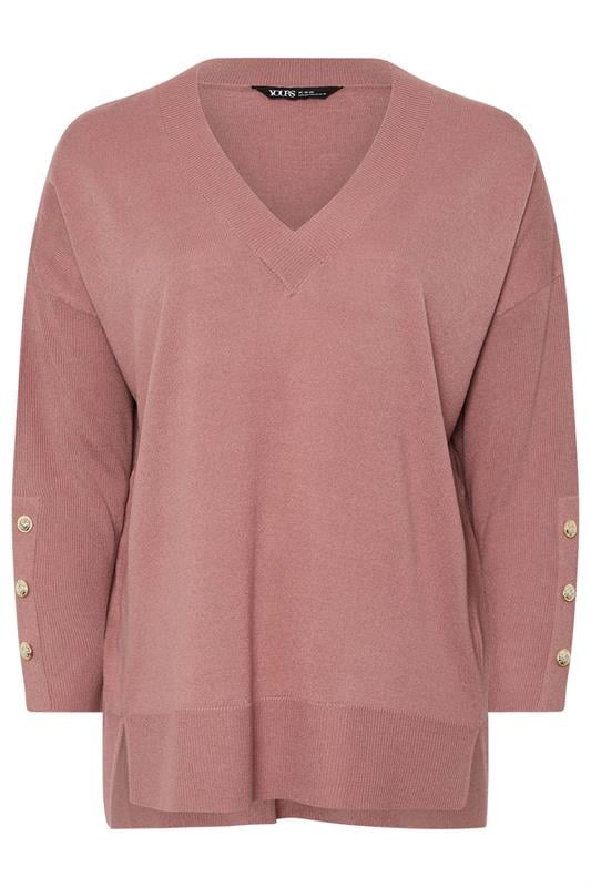 YOURS Plus Size Light Pink Button V-Neck Jumper | Yours Clothing 5