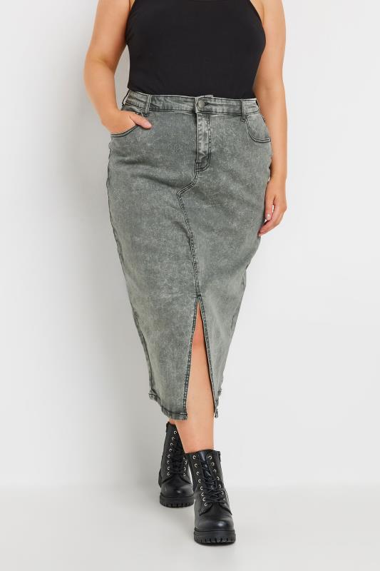 YOURS Plus Size Grey Acid Wash Denim Midaxi Skirt | Yours Clothing 1