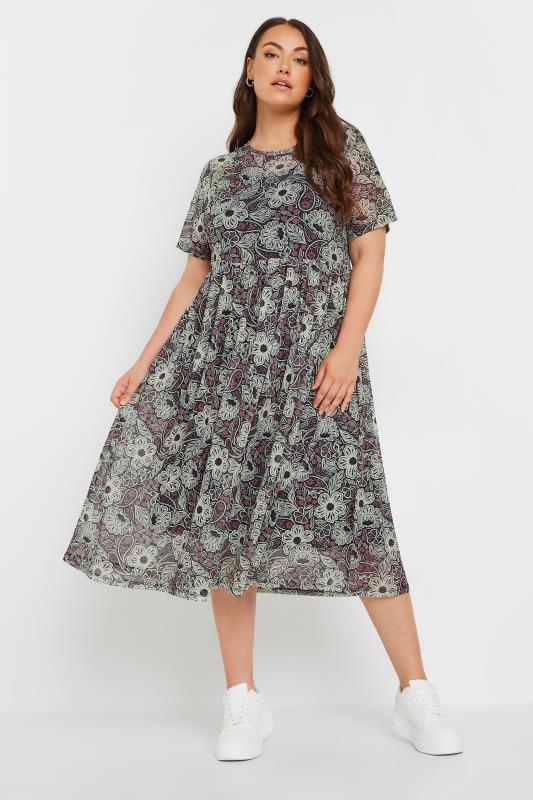 YOURS Plus Size Black Floral Print Mesh Midaxi Dress | Yours Clothing 1