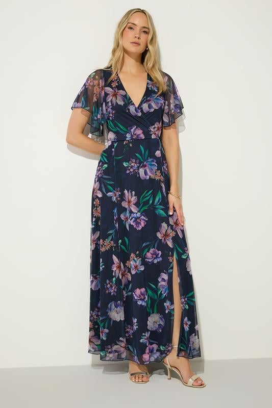 LTS Tall Navy Blue Floral Mesh Wrap Maxi Dress