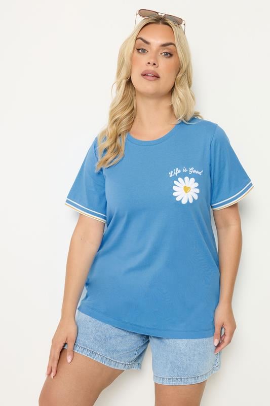 YOURS Plus Size Blue Varsity Trim Daisy T-Shirt | Yours Clothing 1