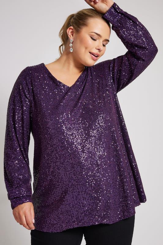 YOURS LONDON Plus Size Purple Sequin V-Neck Top | Yours Clothing 1