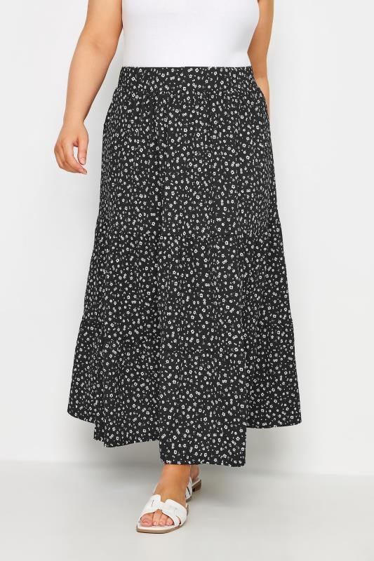 YOURS Plus Size Black Floral Print Tiered Maxi Skirt | Yours Clothing 1