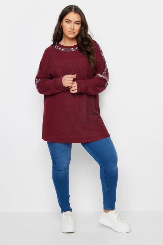 YOURS Plus Size Red Stud Sleeve Embellished Jumper | Yours Clothing 2