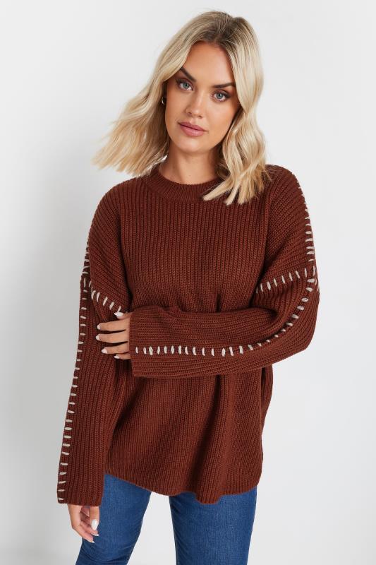 YOURS Plus Size Rust Orange Contrast Blanket Stitch Jumper | Yours Clothing 1