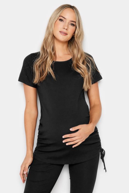 LTS Tall Womens Maternity Black Ribbed Ruched T-Shirt | Long Tall Sally 1