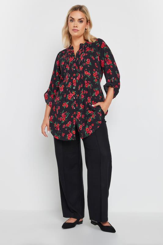 YOURS Plus Size Black & Red Floral Print Sequin Embellished Pintuck Blouse | Yours Clothing 2