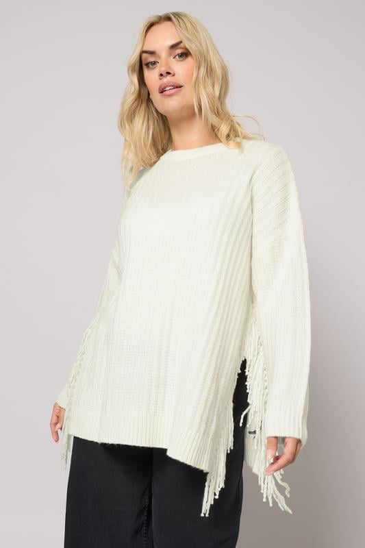 Plus Size  YOURS Curve Ivory White Fringe Knitted Jumper