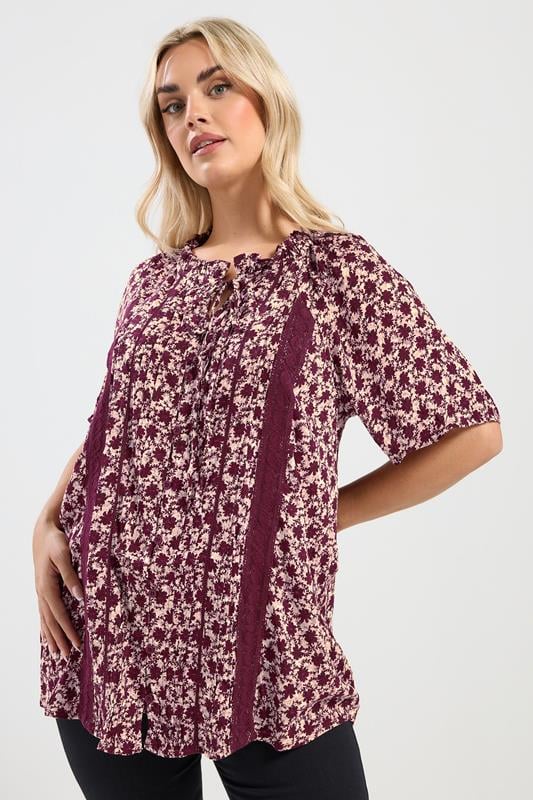  YOURS Curve Dark Pink Floral Print Pintuck Blouse