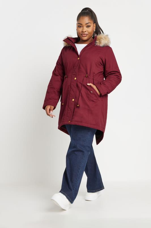 YOURS Plus Size Berry Red Faux Fur Trim Parka Coat | Yours Clothing 2