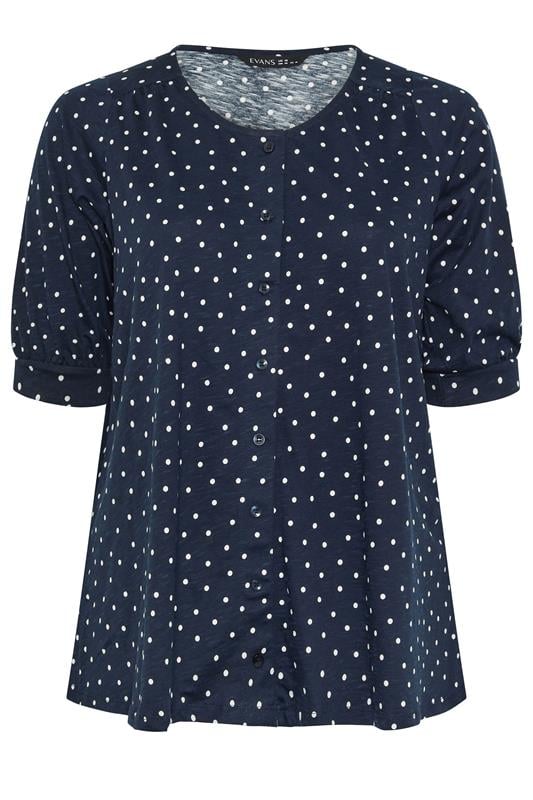 EVANS Curve Navy Blue Polka Dot Cotton Top | Evans 5