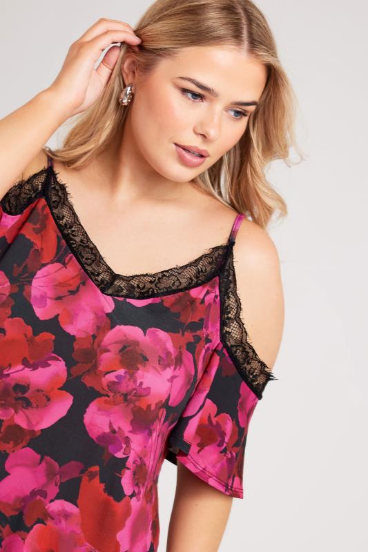 YOURS LONDON Plus Size Pink Floral Print Lace Cold Shoulder Top | Yours Clothing 2