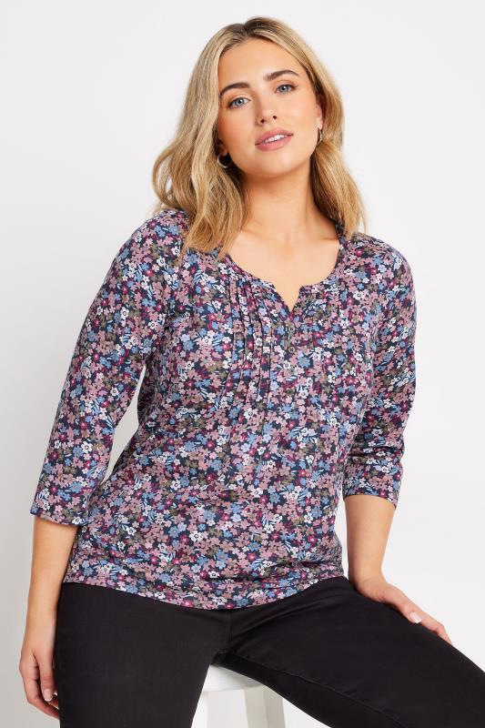 M&Co Pink Floral Print Cotton Henley Top | M&Co 2