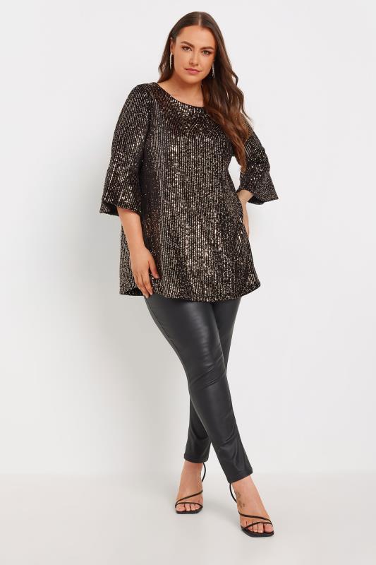 YOURS Plus Size Black & Gold Velvet Sequin Top | Yours Clothing 2