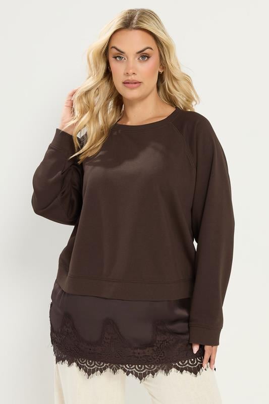 YOURS Curve Chocolate Brown Lace 2-In-1 Jumper