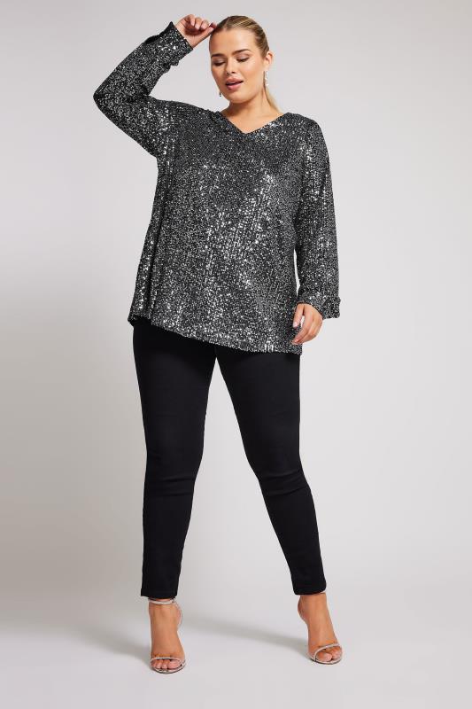 YOURS LONDON Plus Size Silver Sequin V-Neck Top | Yours Clothing 2