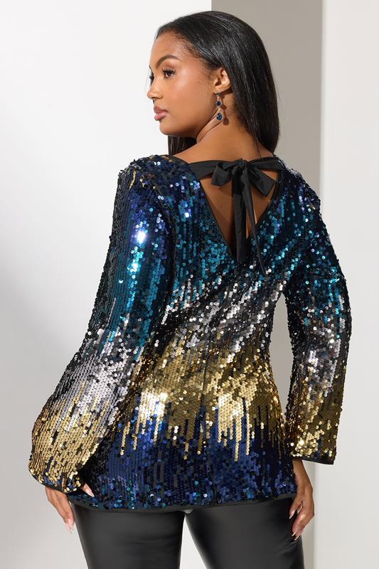 YOURS LONDON Plus Size Blue Bow Back Ombre Sequin Top | Yours Clothing 5