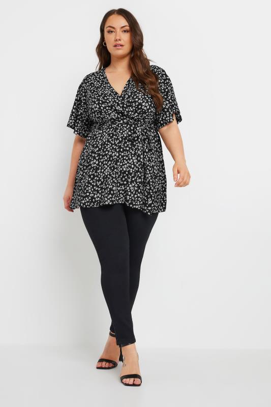 YOURS Curve Black Floral Print Textured Wrap Top | Yours Clothing 3