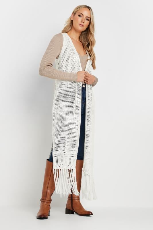 LTS Tall Women's White Crochet Longline Waistcoat | Long Tall Sally 1