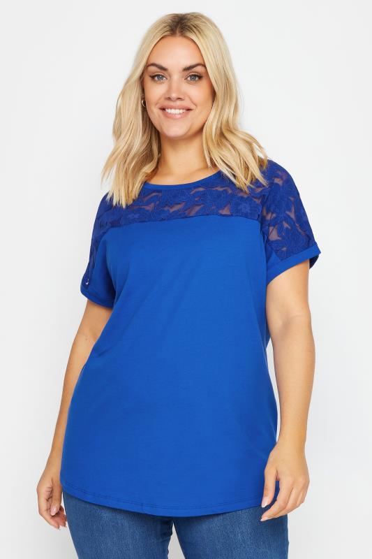 YOURS Plus Size Blue Floral Mesh T-Shirt | Yours Clothing 1