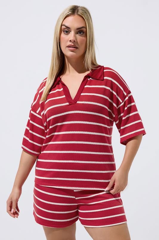 LIMITED COLLECTION Plus Size Red Stripe Rugby Collar Top | Yours Clothing 1
